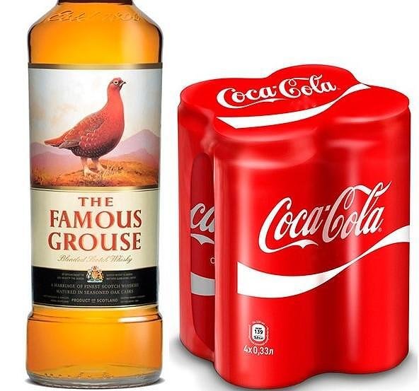 Уиски FAMOUS GROUSE 40% алк. + 4 бр. Coca-Cola 330 мл